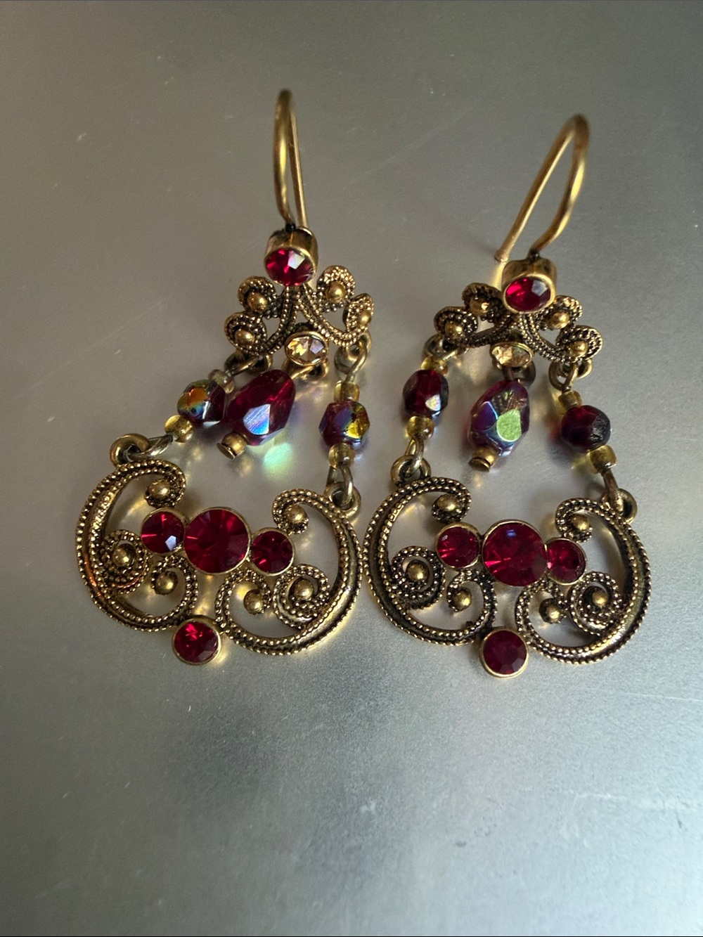 Antique Style Brass Filigree Delicate Dangle Earrings |Ruby Red Crystal Teardrop